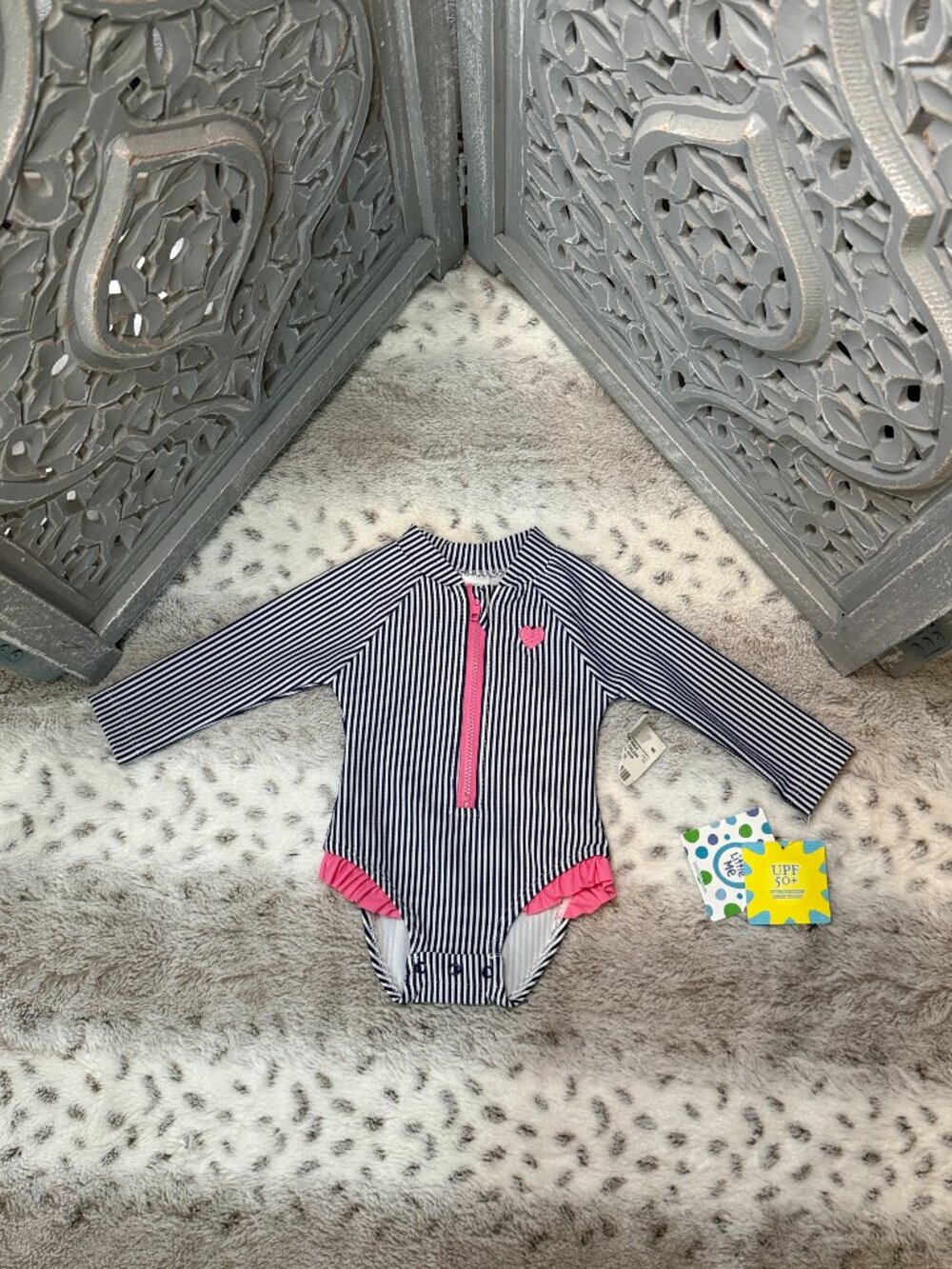 NWT! Little Me blue white stripes long sleeve swimsuit baby girls 3-6 months